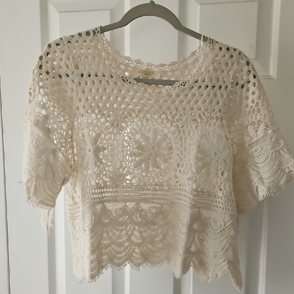 Rebellion Cream Cropped Crochet Top with Embellished Details